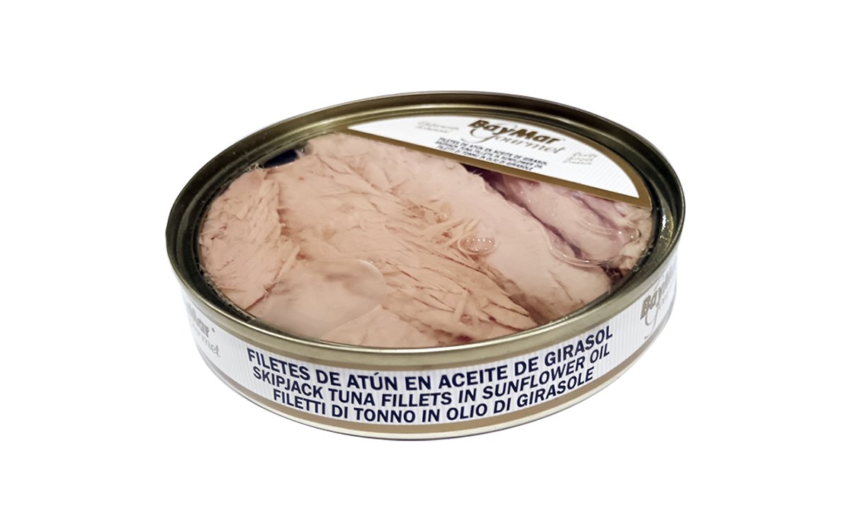 Filetes premium de atún en aceite de girasol. 120 ml. Easy peel transparente