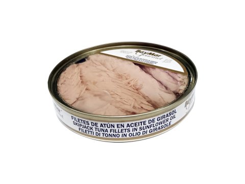 Filetes premium de atún en aceite de girasol. 120 ml. Easy peel transparente
