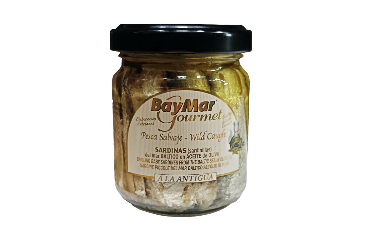 Sardinillas A LA ANTIGUA en aceite de oliva  100 ml. Tarro de cristal.