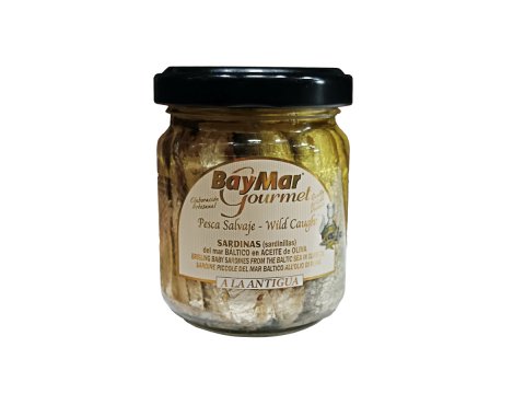 Sardinillas A LA ANTIGUA en aceite de oliva  100 ml. Tarro de cristal.